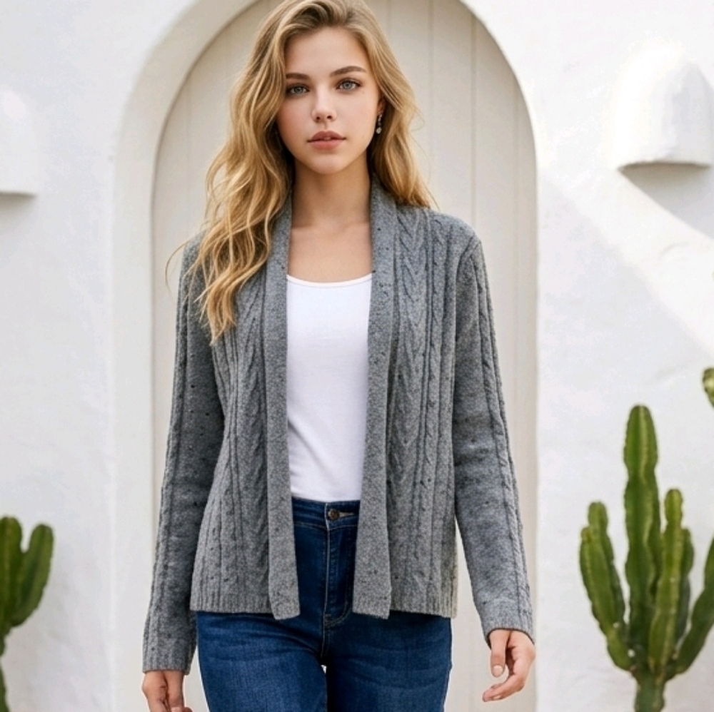 Converse One Star Gray Wool Cable Knit Open Front Cardigan Sweater Thick Winter